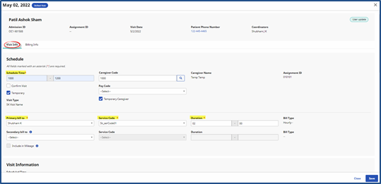 Schedule Visit tab - Scheduling a Skilled Visit